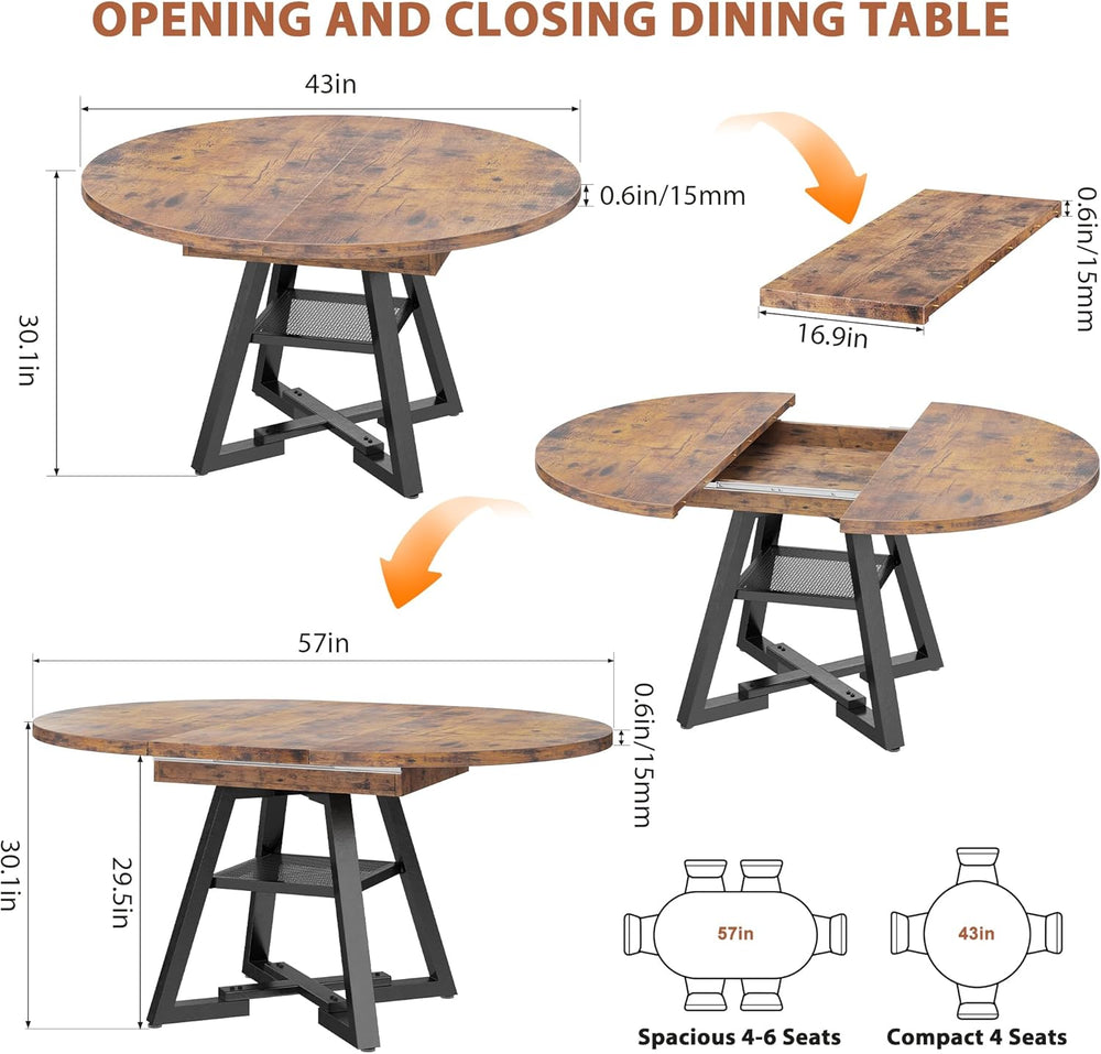 43‘’-57‘’ Extendable Round Dining Table for 4-6, Modern Industrial Kitchen Ov...