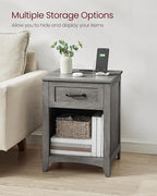 VASAGLE LIRY Collection - Farmhouse Nightstands with Charging Station, Set of 2 Bedside Tables, Side Tables with Drawer, Open Compartment, for Bedroom, Misty Gray ULET859G01