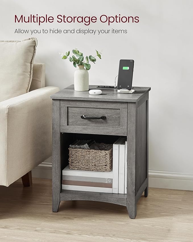 VASAGLE LIRY Collection - Farmhouse Nightstands with Charging Station, Set of 2 Bedside Tables, Side Tables with Drawer, Open Compartment, for Bedroom, Misty Gray ULET859G01