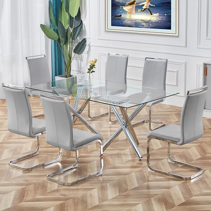 AZmac Modern Leather Dining Chairs Set of 2,Armless Kitchen Chairs,Dining Room Chairs with Upholstered Padded Seat and Sturdy Chrome Legs for Dining Room,Kitchen (Set of 2, Warm Grey)