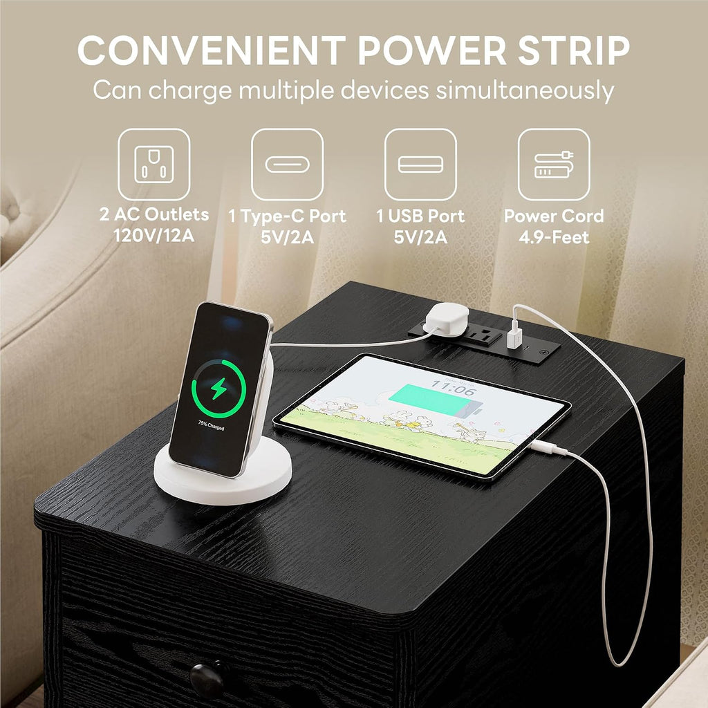 LIKIMIO Nightstand with Charging Station, 3 Drawers Modern for Bedroom