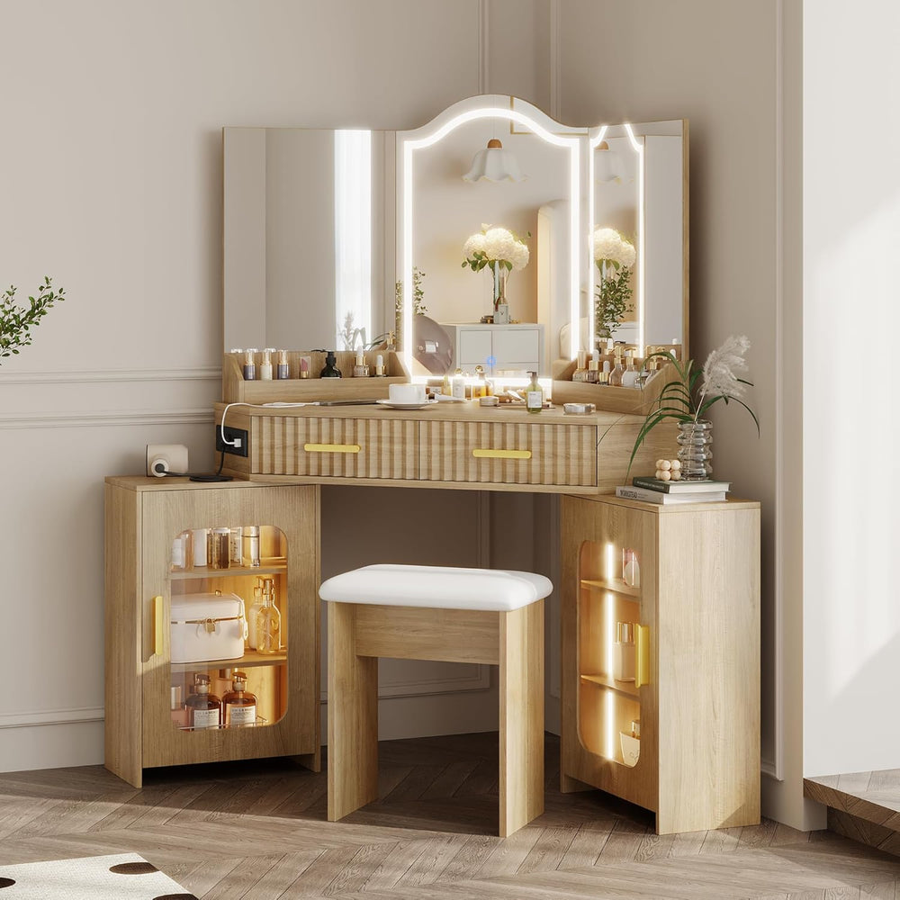 Corner Vanity Desk with 3 Way Mirror & LED Lights, Makeup Table Set with ...