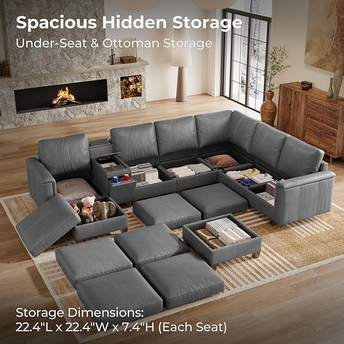 SITJOY 118" Faux Leather Modular Sectional Sofa with Storage, Mid Century Modern Sectional Couches for Living Room, 6 Seater V Shaped Couch with Chaise, Gray