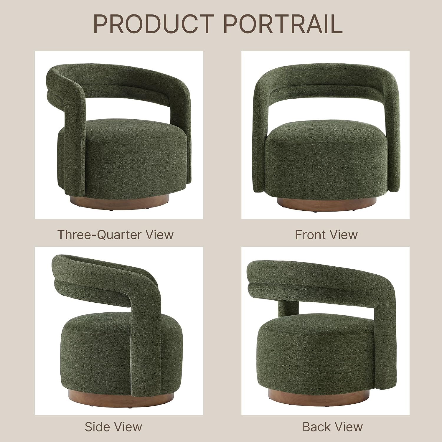 KISLOT, Swivel Accent Chair, Modern Arm Chair with Wooden Base, Green | Upholstered Barrel Chair with Open Back Design, Living Room Bedroom Reading Waitingroom