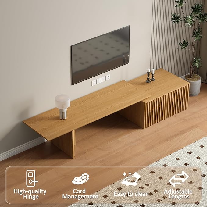 XEW Extendable TV Stand with Storage and Shelves, Wood Entertainment Center for 55+ Inch TV, Modern TV Console, Minimalist Media Console for Living Room, Bedroom-Wood (Extendable: 60.6"-84.3")