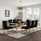 9 Piece Glass Dining Table Set for 8, 81" Rectangle Kitchen Table with 8 Black Velvet Upholstered Chairs, Tempered Glass Tabletop with Stainless Steel Legs, for Kitchen and Dining Room, Gold Black