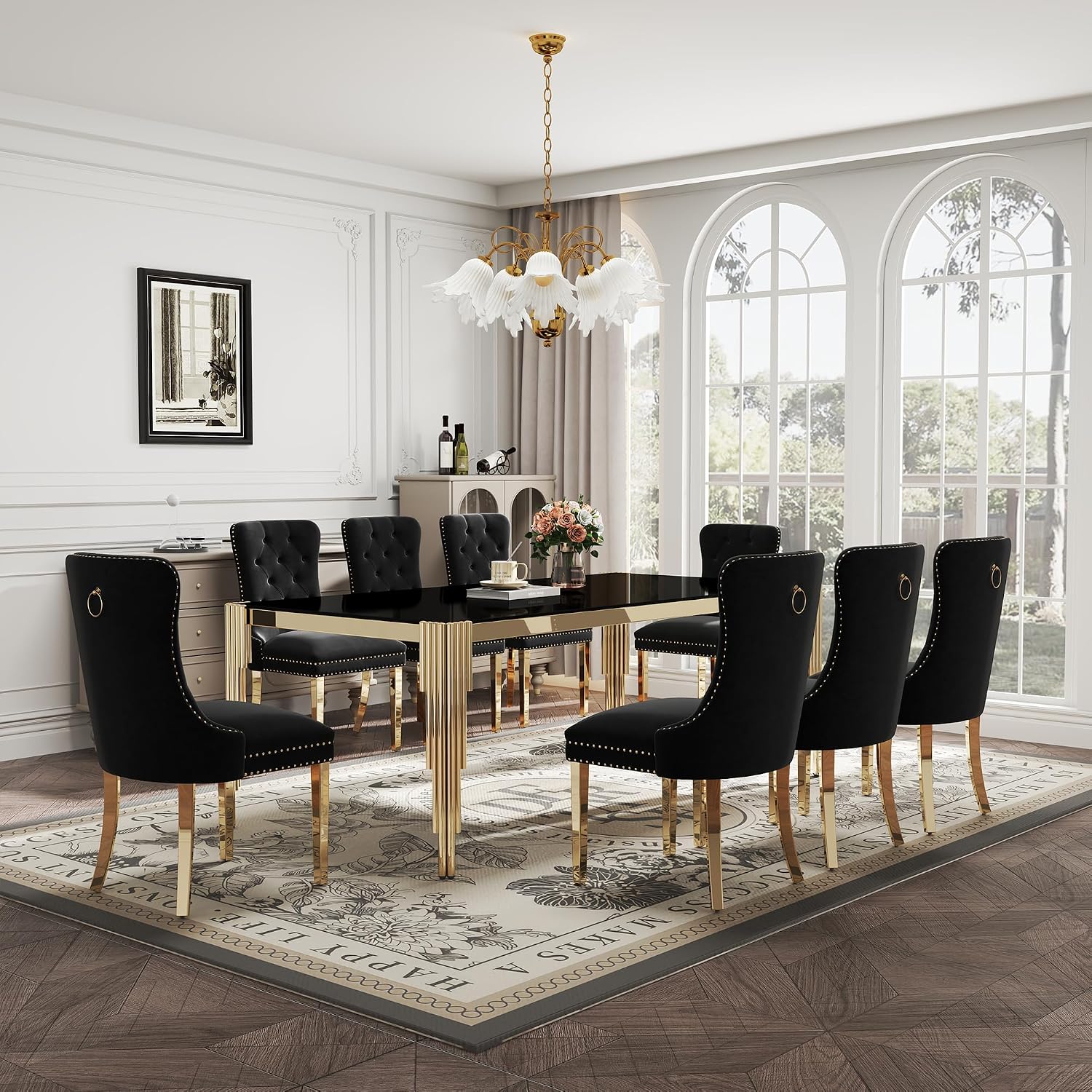 9 Piece Glass Dining Table Set for 8, 81" Rectangle Kitchen Table with 8 Black Velvet Upholstered Chairs, Tempered Glass Tabletop with Stainless Steel Legs, for Kitchen and Dining Room, Gold Black