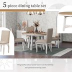 Merax 5-Piece Farmhouse Dining Furniture Set, Wooden Round Extendable Table, and 4 Upholstered Chairs, Antique White