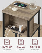 VASAGLE Side Table with Charging Station, 3-Tier End Table with USB Ports and Outlets, Nightstand for Living Room, Bedroom, 11.8 x 13.4 x 22.8 Inches, Plug-in Series, Camel Brown and Black