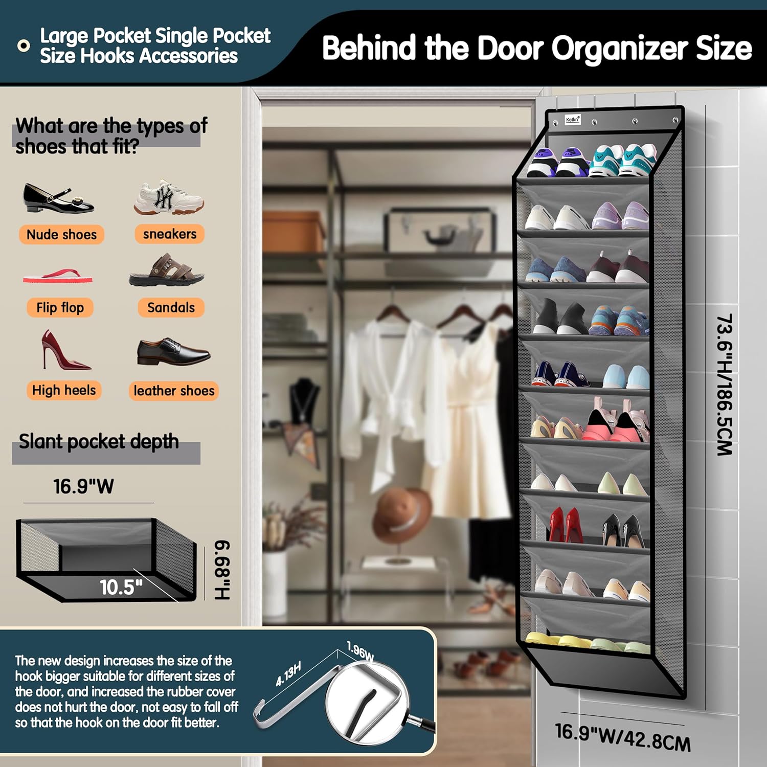 10 Tier Over The Door Organizer - Heavy Duty Hanging Storage Rack with Sturdy Oxford Fabric, Holds 20+ Pairs of Footwear, Boots & Sneakers, Saves 50% Closet Space (Gray)