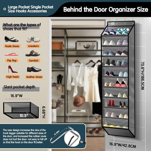 10 Tier Over The Door Organizer - Heavy Duty Hanging Storage Rack with Sturdy Oxford Fabric, Holds 20+ Pairs of Footwear, Boots & Sneakers, Saves 50% Closet Space (Gray)