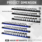 ALOANES 6-Piece Magnetic Socket Organizer, Heavy Duty Aluminum Socket Rails Organizer, 360° Swivel Clips Socket Holder Kit for Tool Box, 1/2, 3/8, 1/4-Inch Socket Holder x 80 Clips (Black&Blue)