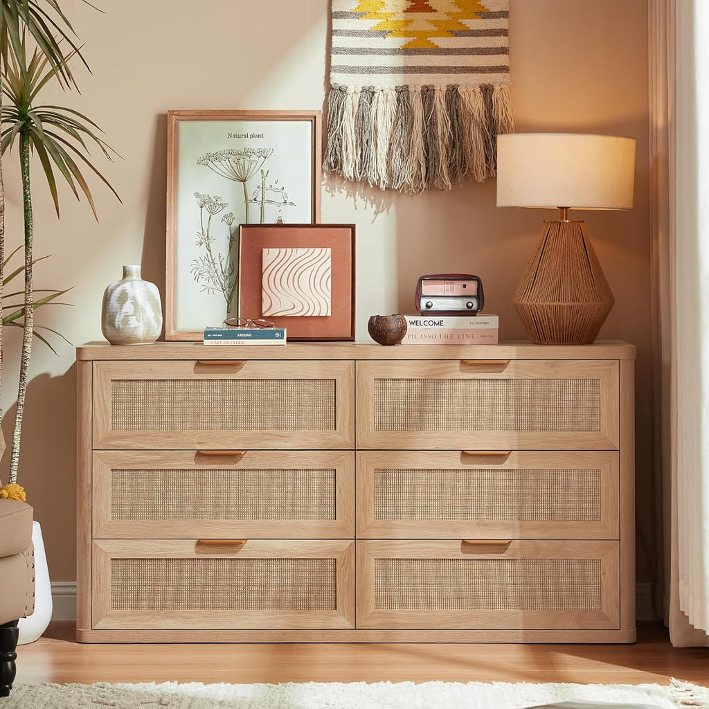 LEYAOYAO Rattan 6 Drawer Dresser for Bedroom Set of 2, Boho 54" Wide Natural Wood Dresser Chest of Drawers, Dressers TV Stand with Metal Handle, Storage Dressers Closet Organizer for Living Room