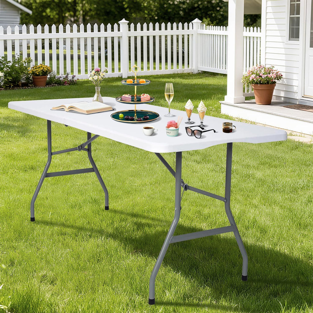 Folding Table 6ft Foldable Table with Built in Handle & Steel Legs / 6FT Heavy Duty Folding Portable,Perfect for Party, Dining Indoor/Outdoor Events, Tailgating & Backyard BBQ, White