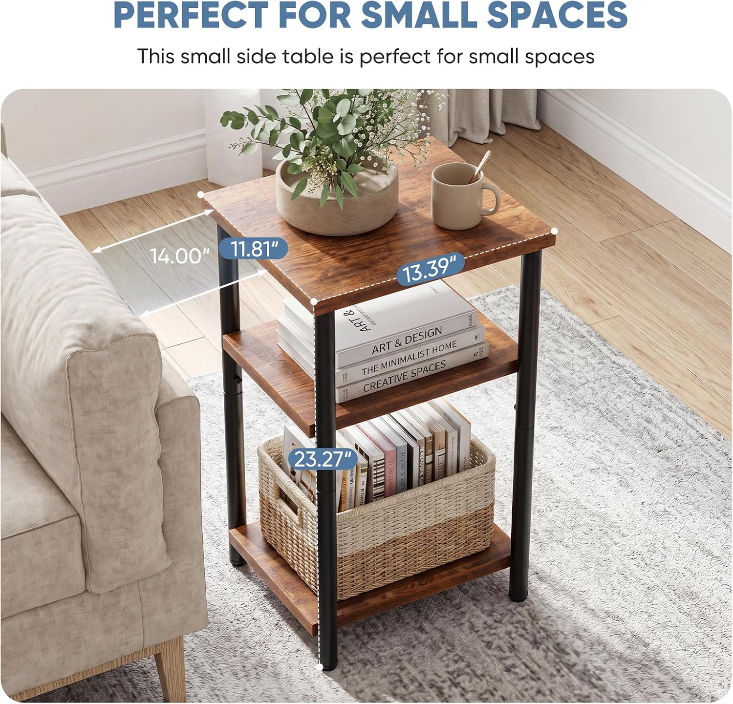 OLIXIS 3-Tier Small Side Table for Small Spaces, Bedroom Nightstand | 23'' Tall Bedside Table with Open Shelf and Adjustable Feet for Living Room, Bedroom, Office, Dorm, Walnut Brown