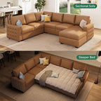 HONBAY Sleeper Sectional Couch with Pull-Out Bed Sectional Sleeper Sofa Pull Out Bed with Storage Chaise, 6 Seaters Couch for Living Room, Faux Leather Brown