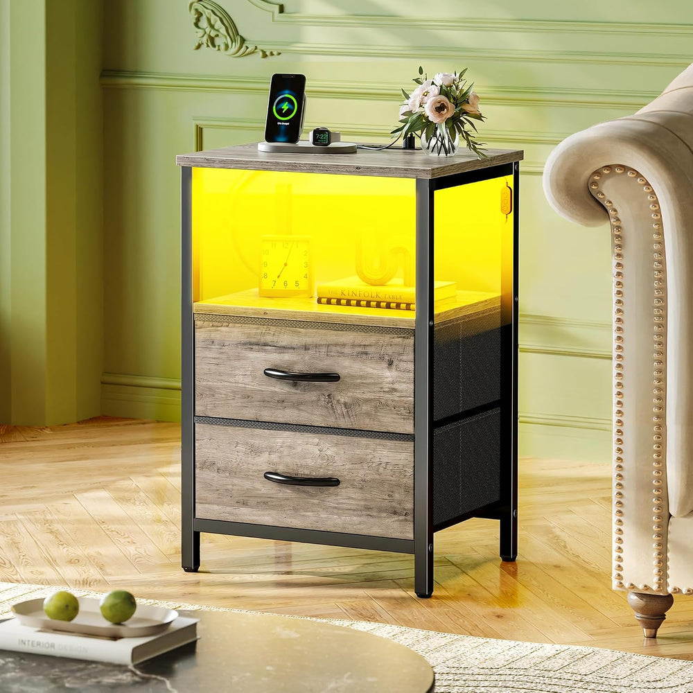 Huuger Night Stand with Charger Station and LED Lights, 2 Drawer Nightstand, ...