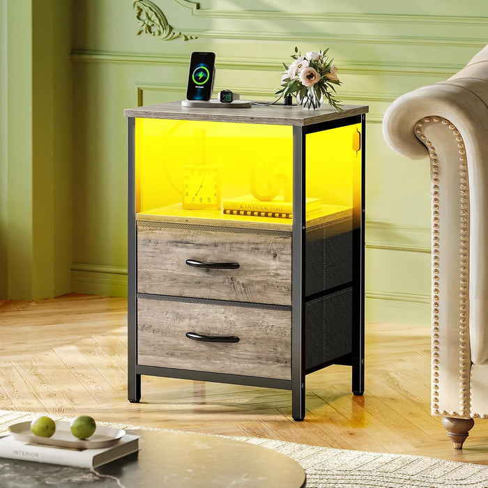 Huuger Night Stand with Charger Station and LED Lights, 2 Drawer Nightstand, Bed Side Table with Open Shelf, End Table, Fabric Drawers for Bedroom, Oak