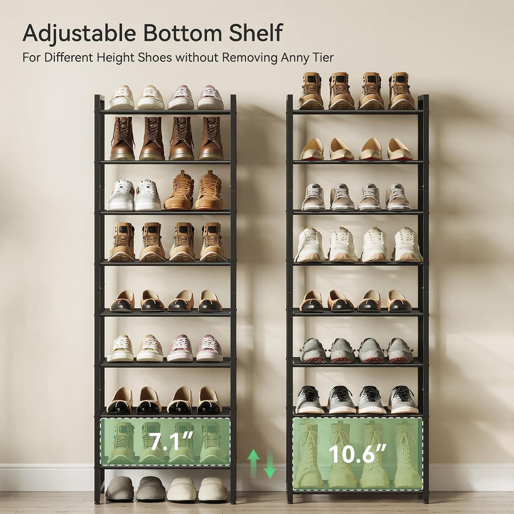 Nunsino Narrow Shoe Rack, 8-Tier Metal Shoe Organizer,Tall Shoe Shelf with Anti-Tip Strap, Max Holds 18 Pairs,Space Saving for Closet,Entryway,Black