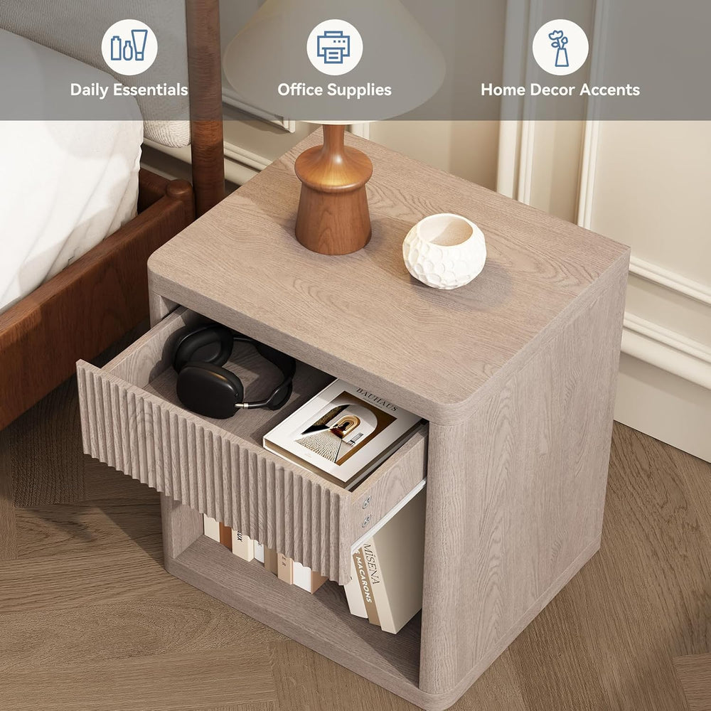 OLIXIS Set of 2 Modern Nightstand, 22.7" Fluted Drawer Wood Bedside Tabl...
