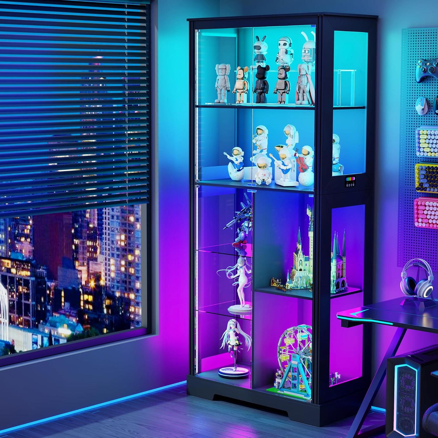 Lvifur 71” Glass Display Cabinet with RGB Light for Collectibles - Black | 4mm Tempered Glass Doors, 7-Tiers Large Storage Capacity, Human Sensor, 12 Color Adsjutable Lights, 7 Shelves, Lockable Door