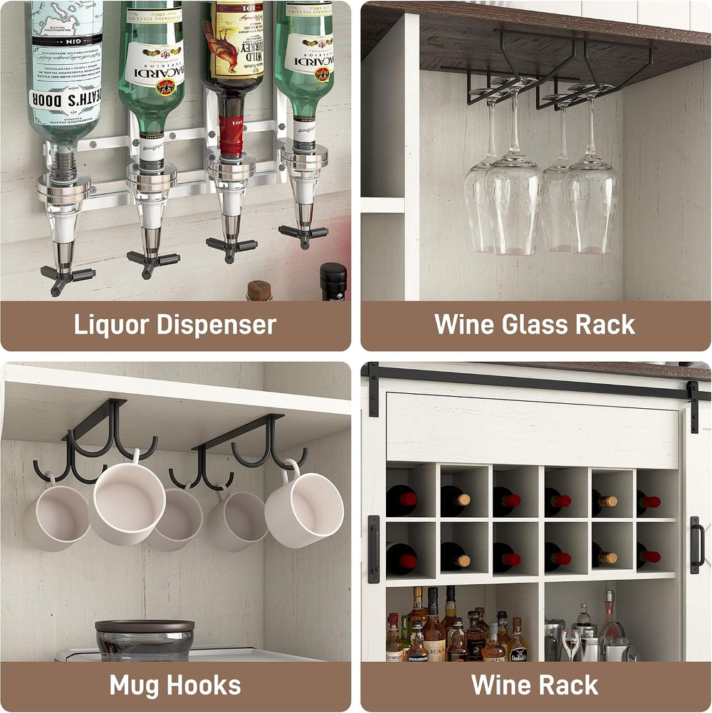 Farmhouse Coffee Bar Cabinet with LED Light, Charging Station & Sliding B...