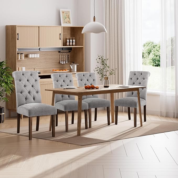 Dining Chairs Set of 4, Button Tufted Parsons Upholstered Chairs with Solid Wood Legs, Mordern Fabric Kitchen Chairs for Dining Room，Light Grey
