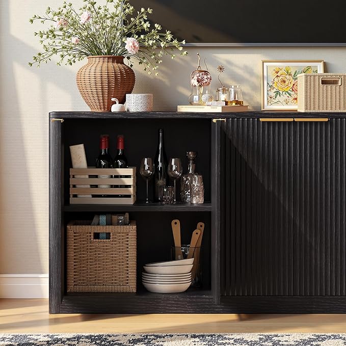 Evermagin 67" Black Fluted TV Stand for TVs up tp 75", Mid-Century Modern Entertainment Center with Storage Cabinets and Fluted Doors, Wood Media TV Consoles for Living Room and Bedroom Furniture