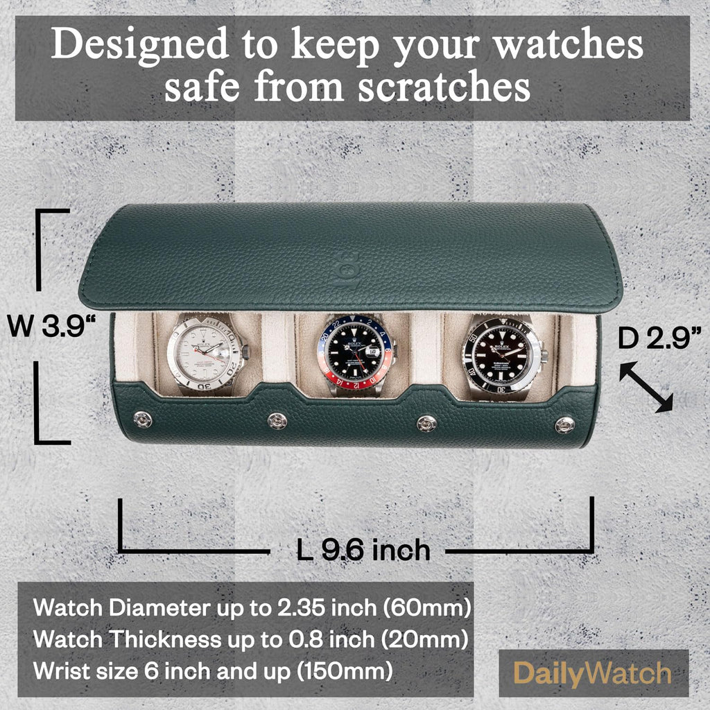 DailyWatch | Watch Roll Travel Case For 2 Watch | Luxury Watch Case In Genuine Leather With Soft Velvet Interior | Watch Case Protect, Store, & Display Your Watches | Dark Green Litchi