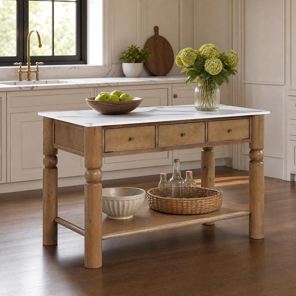 Christopher Knight Home Athen Wooden Kitchen Island with Storage & Marble...