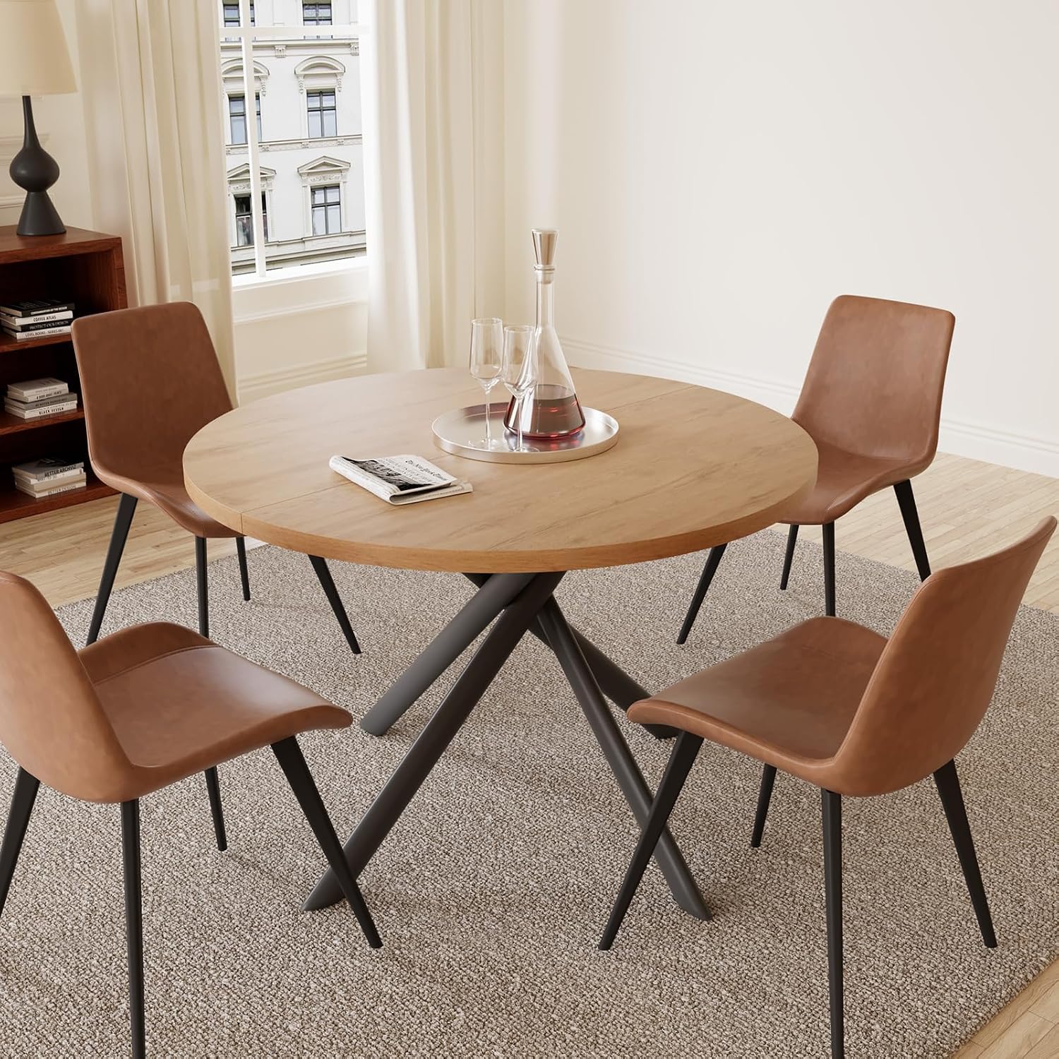 HIPIHOM 45.3 Inch Modern Round Dining Table for 4, Space-Saving Dinette with Carbon Steel Legs for Home Kitchen Apartment(Oak Table)