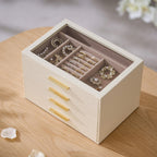 pickpiff Jewelry Box Organizer Case for Women: 4-Layer Jewelry Storage Case with Glass Window, Ivory Leather with Pink Velvet, Holder for Ring Necklace Bracelet Brooch Watch, Great Gift for Her