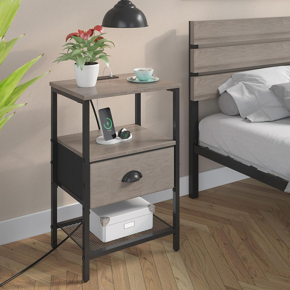sthmec Nightstands Set of 2, Night Stands with Charging Station and Fabric Dr...