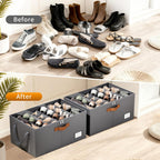 2 Pack Shoe Organizer for Closet, Foldable Shoe Storage Organizer with Clear Cover, Lable and Reinforced Handles, Space Saving Shoes Box Fits up to 20-40 Pairs, Gray