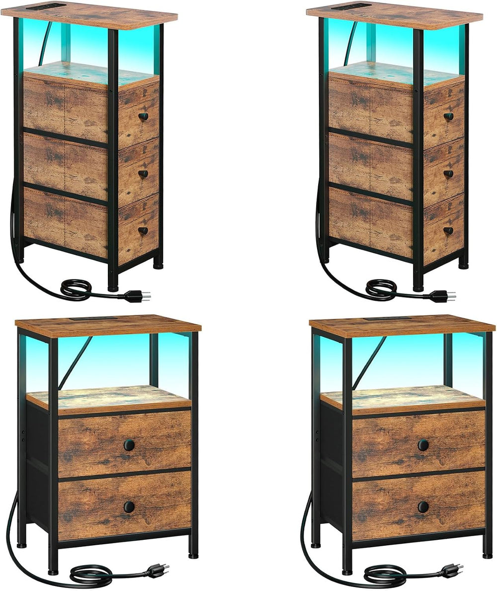 LOAKEKEL Night Stand Set 2, LED Nightstand with Charging Station