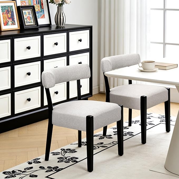Modern Dining Chairs Set of 2, Upholstered Kitchen & Dining Room Chairs, Mid Century Modern Wooden Dining Chairs Oversized Sturdy Fabric Rounded Chairs Curved Back, Black and Beige