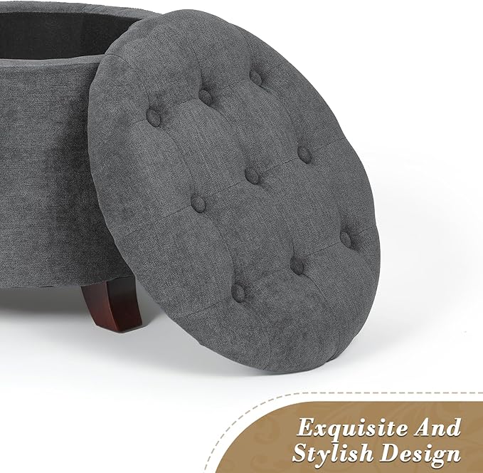 Athena Collection 20 Inch Small Ottoman with Storage, Round Linen Fabric Storage Ottoman with Removable Lid, Stylish Footstool Foot Rest for Living Room, Bedroom, Dorm, Dark Grey