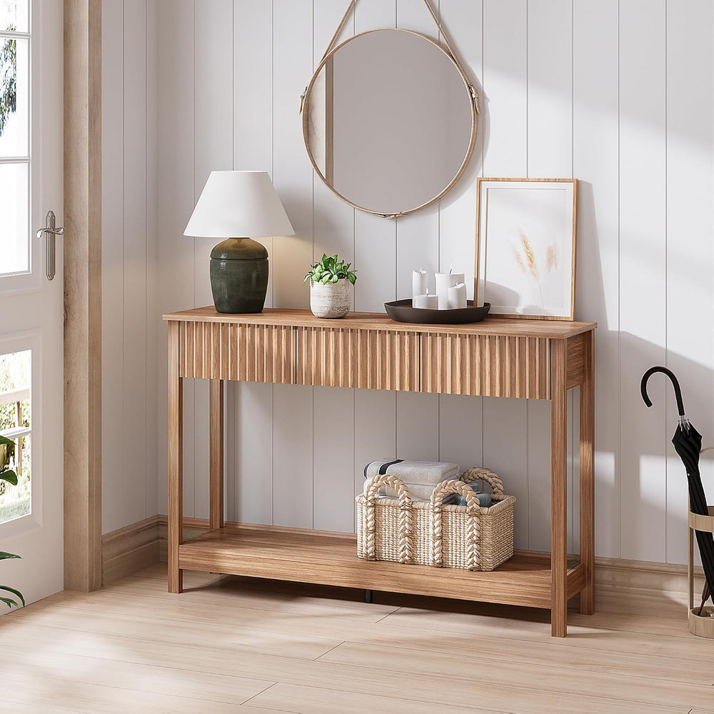 Treocho 47" Fluted Console Table with 3 Drawers and Storage Shelf | Narr...
