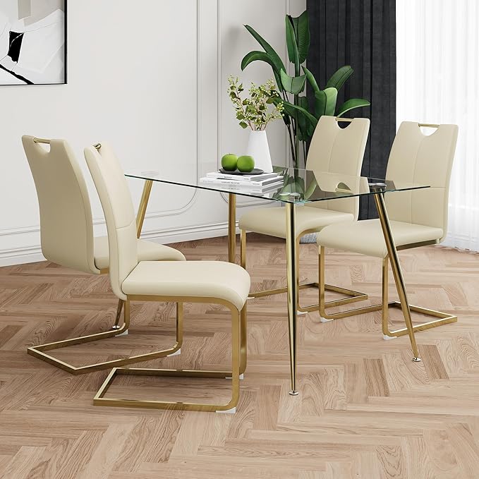Goujxcy Dining Chairs Set of 4, Modern High Back Kitchen Chairs with Metal Legs and Faux Leather Padded Seat Upholstered Dining Chairs for Dining & Kitchen,Living Room (Light Yellow&Gold, Set of 4)