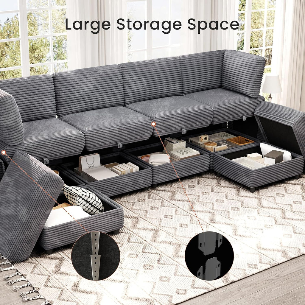 KKL Modular Sectional Sofa U-Shaped 6 Seater Couch with Storage Ottoman, Convertible L-Shaped Plush Wide-Wale Corduroy Couch for Living Room, Apartment, Modern Design, Gray