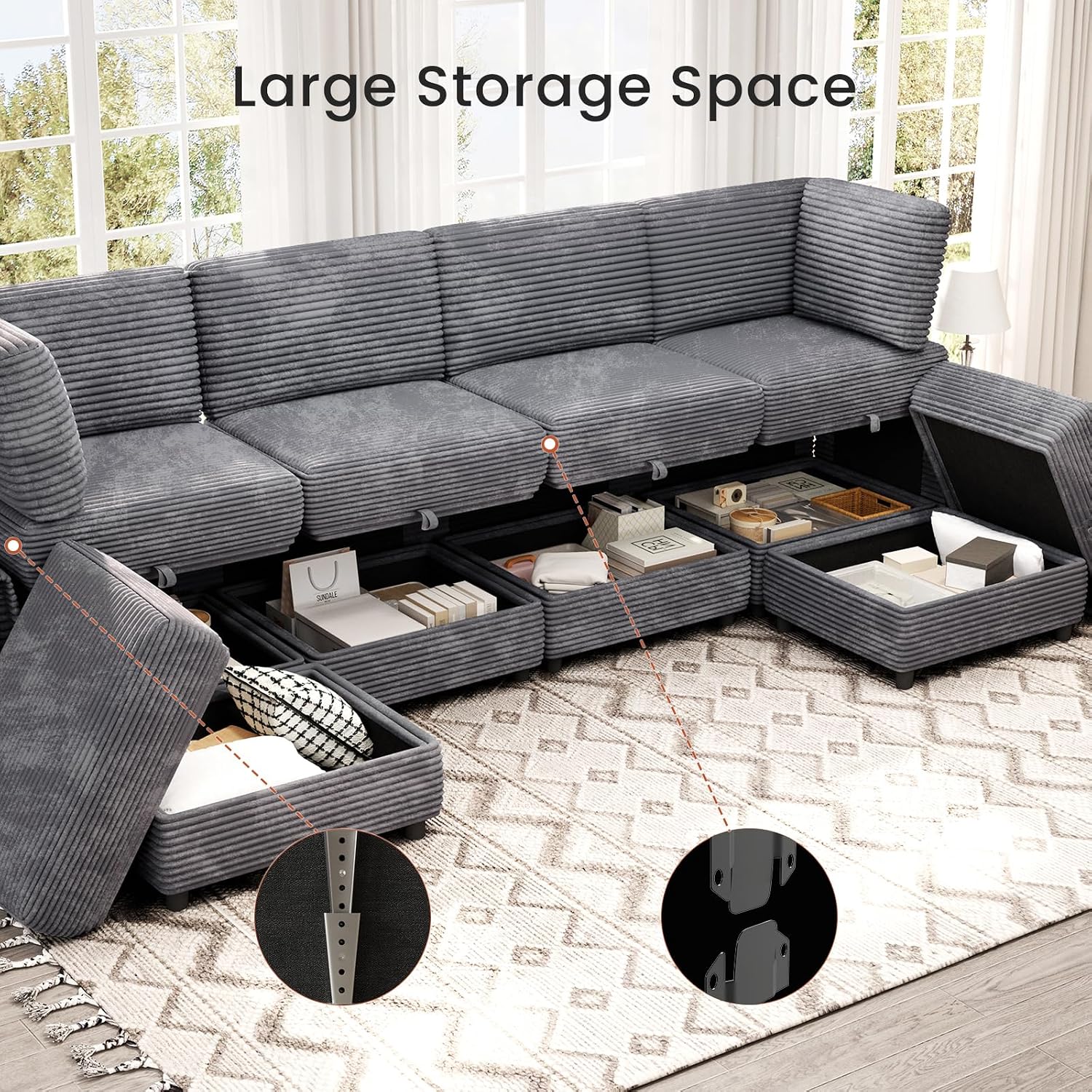 KKL Modular Sectional Sofa U-Shaped 6 Seater Couch with Storage Ottoman, Convertible L-Shaped Plush Wide-Wale Corduroy Couch for Living Room, Apartment, Modern Design, Gray