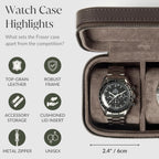 TAWBURY Watch Case - 3 Slot Genuine Top-Grain Leather Watch Travel Case for Men & Women with Metal Zipper and Extra Wide Pillows for Large Watches (Brown)