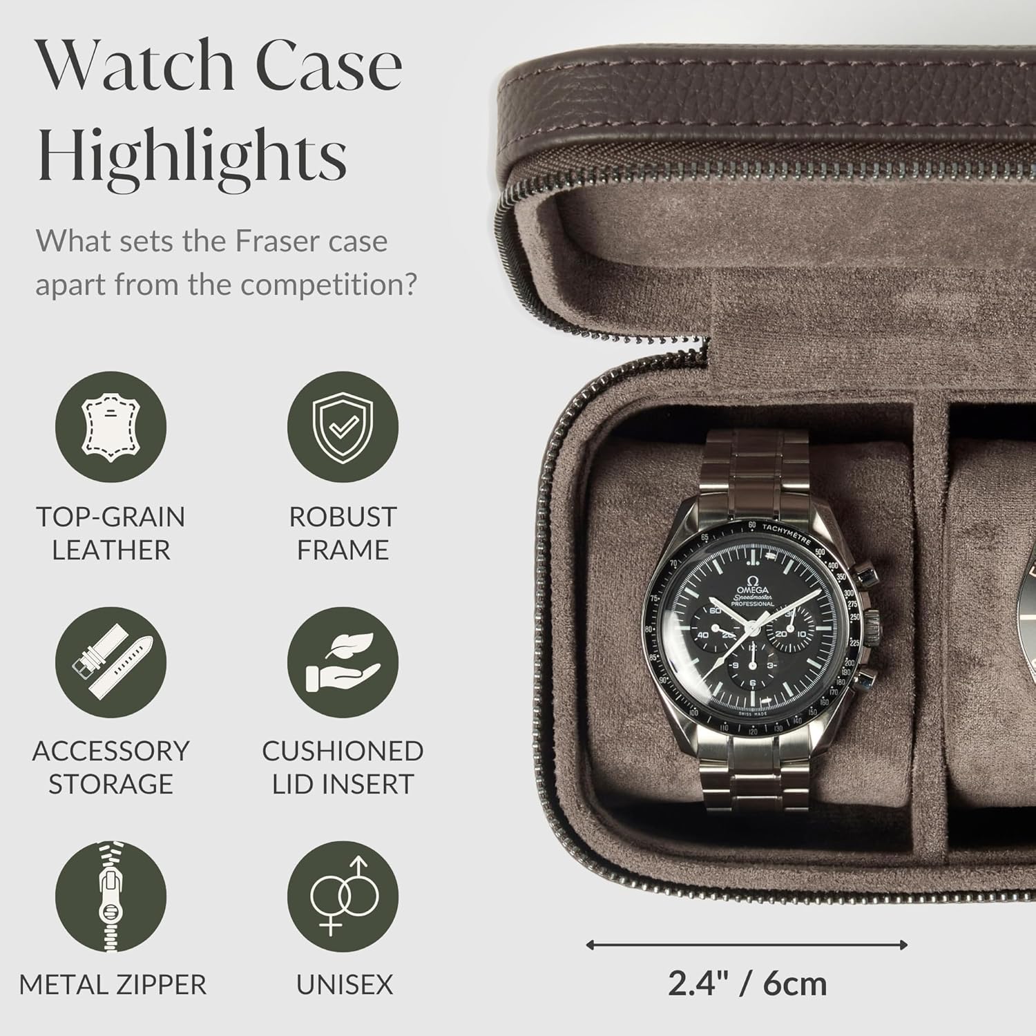 TAWBURY Watch Case - 3 Slot Genuine Top-Grain Leather Watch Travel Case for Men & Women with Metal Zipper and Extra Wide Pillows for Large Watches (Brown)