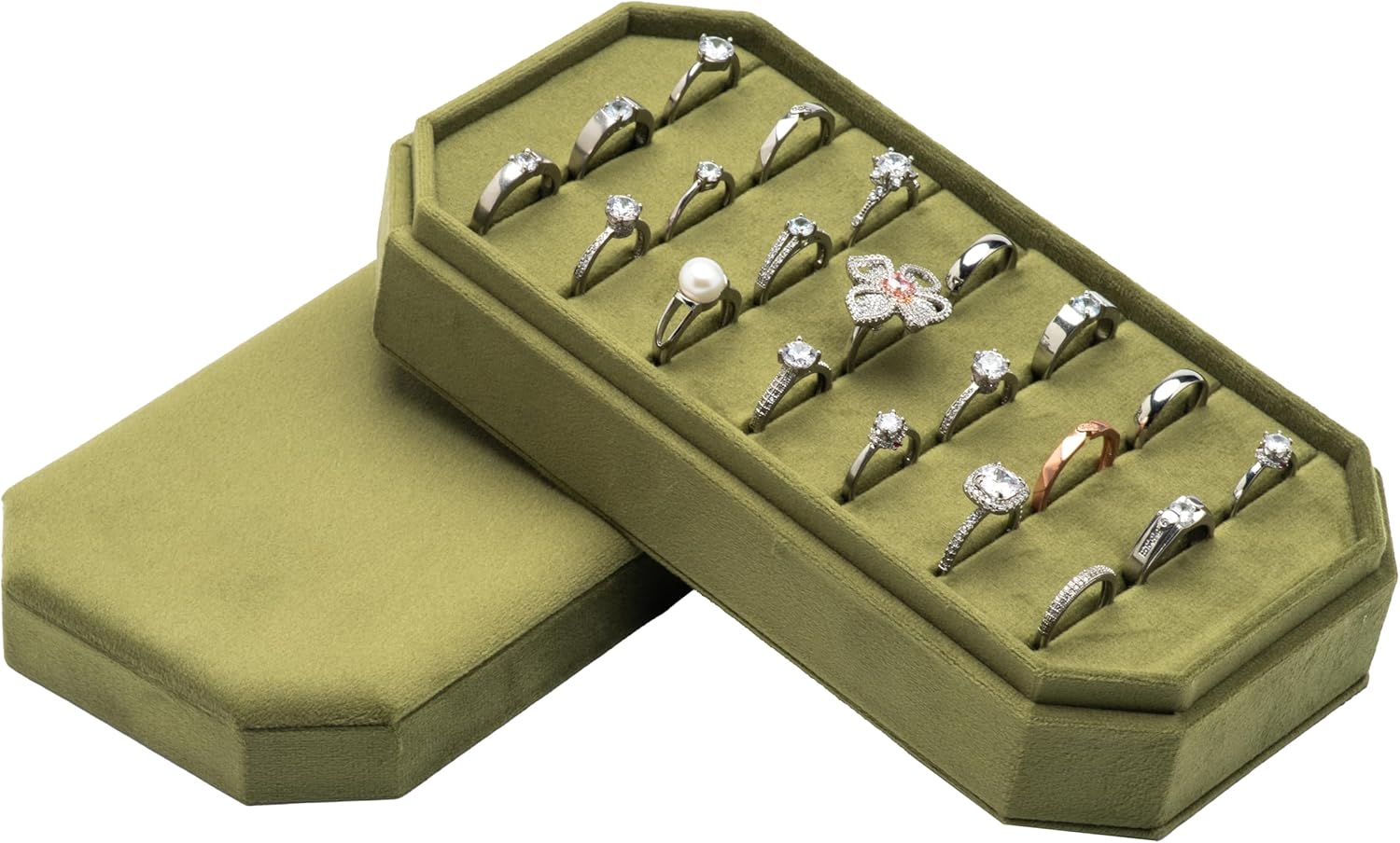 Velvet Ring Organizer Display Tray Jewelry Box Earring Holder Case for Wedding Birthday Christmas Day (Olive Green)