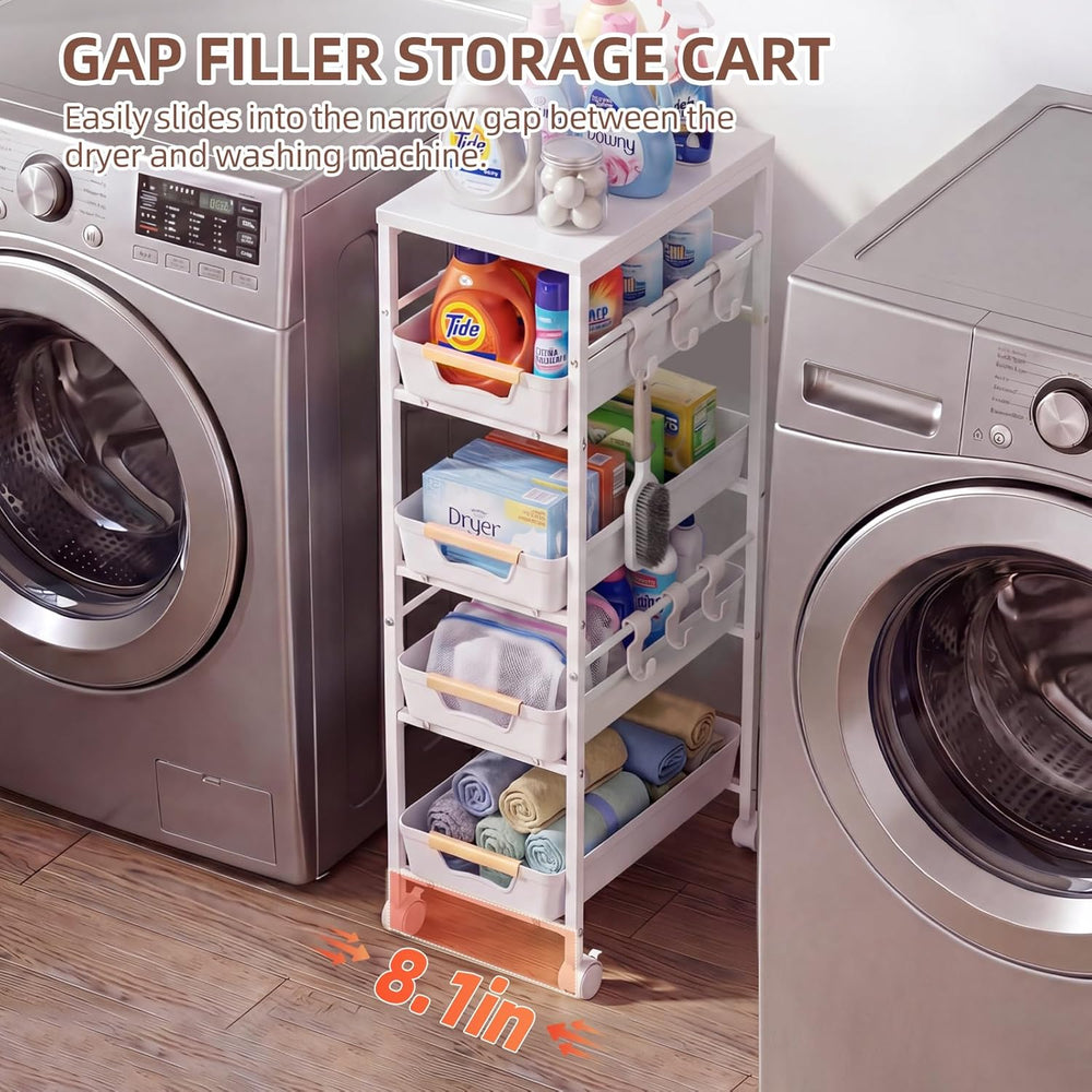 5 Tier Slim Rolling Storage Cart with Pull-Out Drawers,Narrow Utility Organiz...
