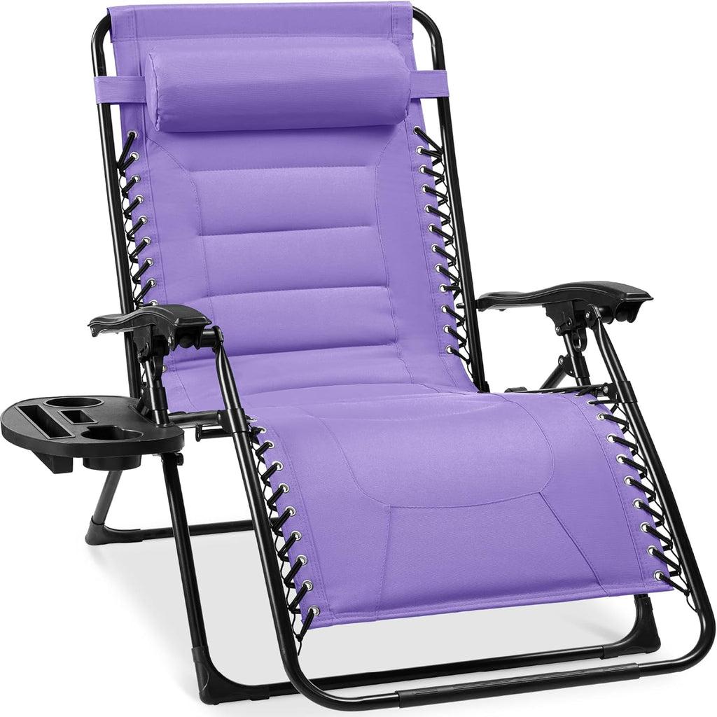 Best Choice Products Oversized Padded Zero Gravity Chair, Folding Outdoor Patio Recliner, XL Anti Gravity Lounger for Backyard w/Headrest, Cup Holder, Side Tray, Polyester Mesh - Violet