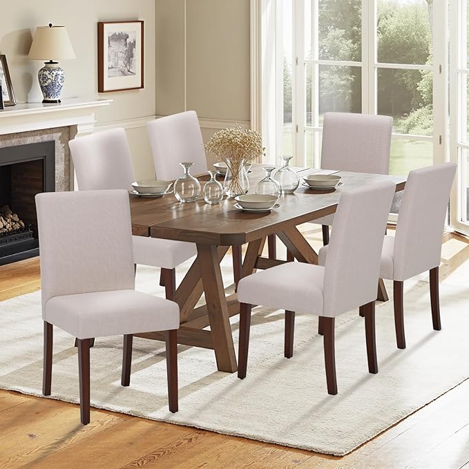 Upholstered Dining Chairs Set of 4 - Line Fabric Modern Farmhouse Kitchen Chairs,Mid-Back Dining Room Chairs with Wooden Legs