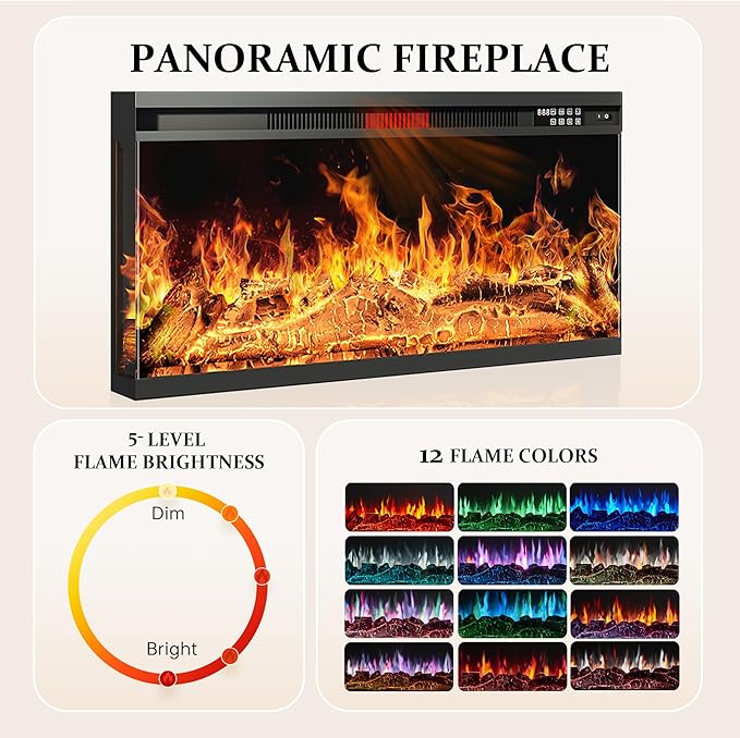 MXV 70'' Fireplace TV Stand, Farmhouse Entertainment Center with 3 Sided Glass TV Stand, Modern Media Console Table with Storage Drawers & Cabinets with LED Flame and Lights for Living Room, Black