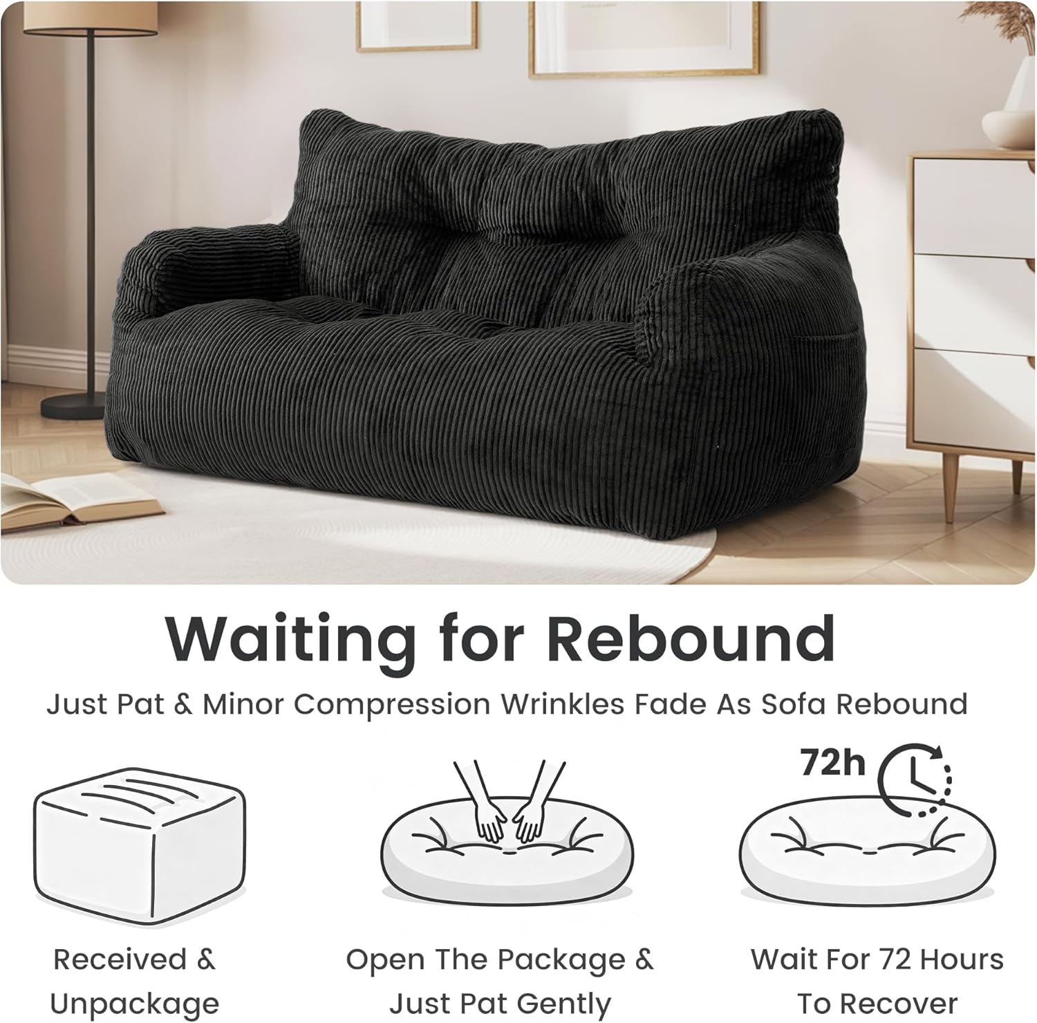 59" Bean Bag Chair,2 Seat Loveseat Sofa,Corduroy Lazy Sofa Bed for Adults,Fit Living Room, Bedroom,Outdoor Spaces,Ultra Soft Dutch Velvet,Fluffy Comfort Washable Cover,72h Rebound,Black