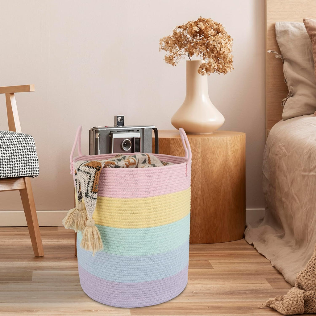 XUANGUO Rope Laundry Basket Hamper for Kids Girl, rainbow | Woven Storage Basket for Living Room Bedroom Boho Tall Baskets for Blanket Toys Pillow Towels Baby Nursery Hamper Bin